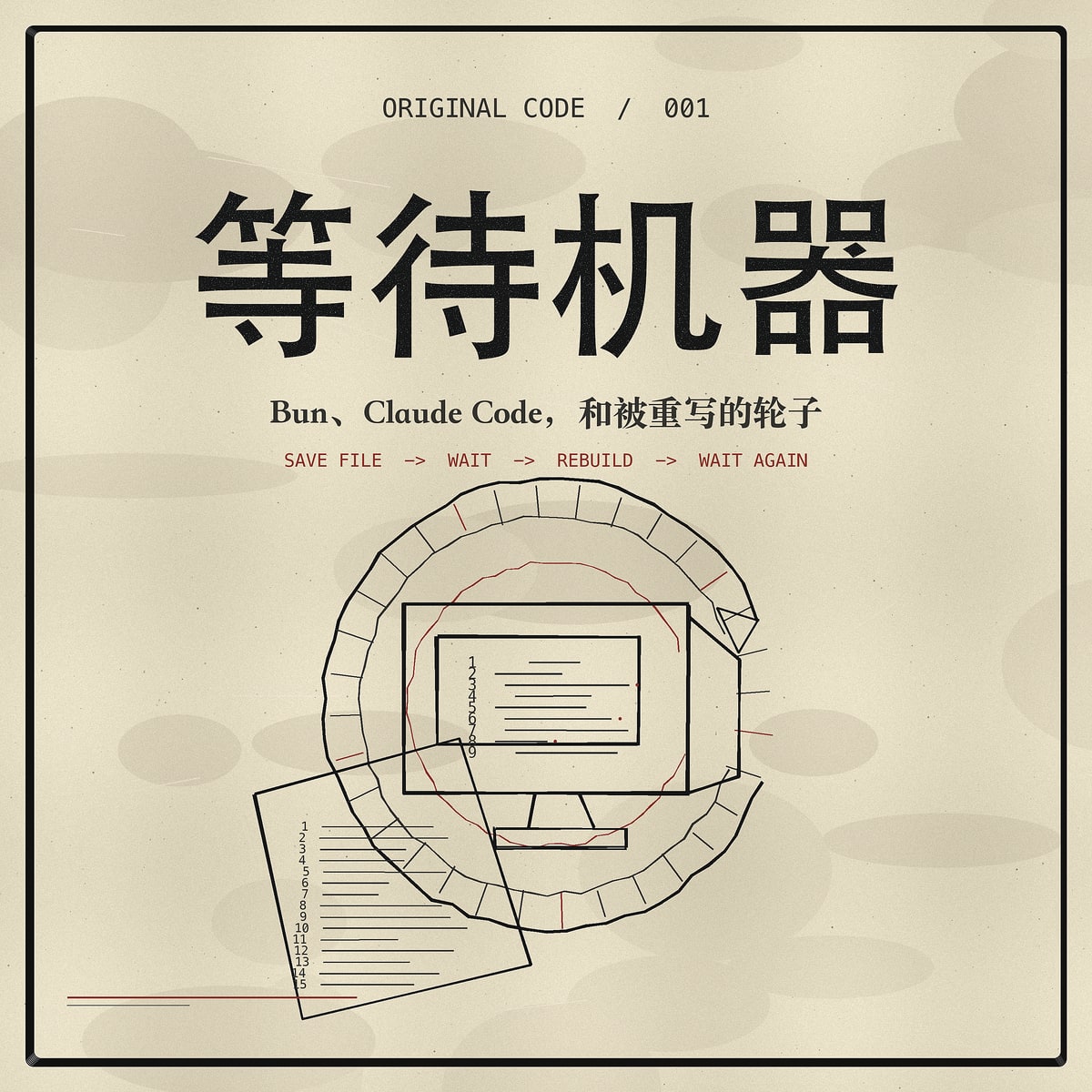 《等待机器》单集封面，红黑印刷风格的齿轮与代码窗口